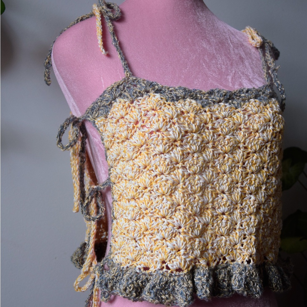 Stylish Yellow and Blue Coquillage Crochet Women Top